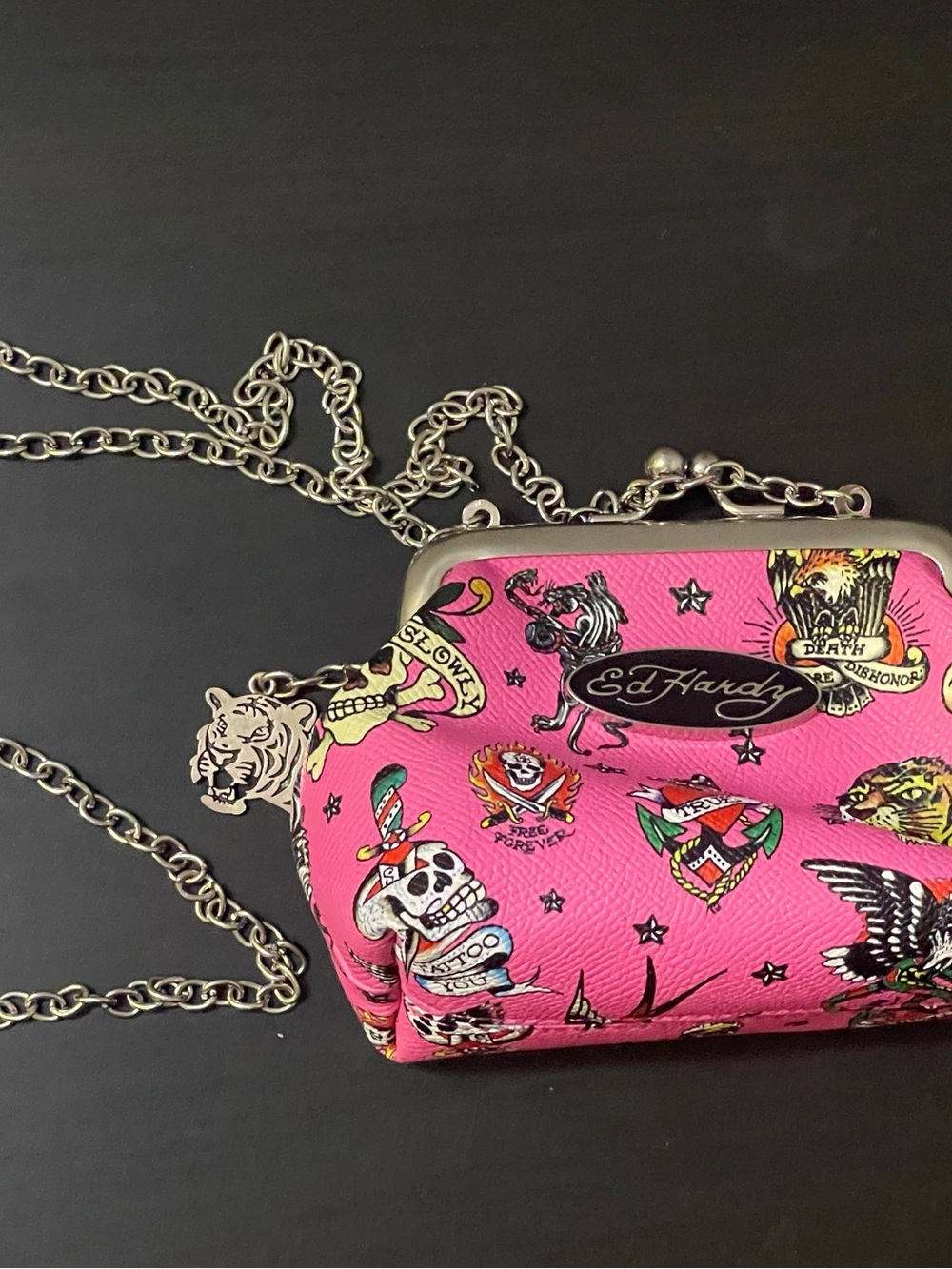 Ed Hardy Pink Tattoo-Print Kisslock Crossbody with Silver Chain